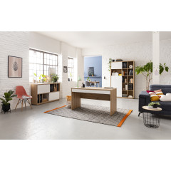Bureau droit avec rangement effet chêne et blanc laqué - photo d'ambiance de l'ensemble des meubles de la collection - OXFORD