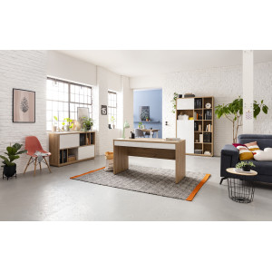 Bureau droit avec rangement effet chêne et blanc laqué - photo d'ambiance de l'ensemble des meubles de la collection - OXFORD