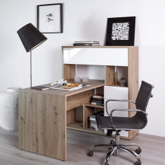 Bureau avec étagère effet chêne et blanc laqué - photo d'ambiance - OXFORD