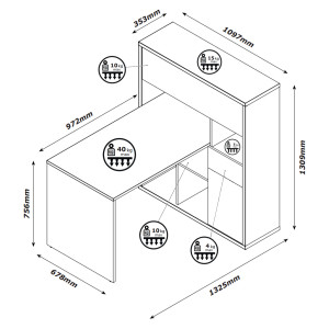 Bureau avec étagère effet chêne et blanc laqué - schéma dimensions - OXFORD