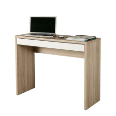 Console bureau avec tiroir blanc et décor chêne - vue de 3/4 - SHINE