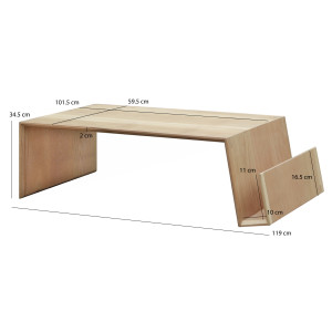 Table basse rectangulaire bois clair avec porte-revues L119cm - photo avec dimensions - ORAN