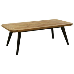Table basse avec plateau en pin recyclé et piètement noir 136 x 41 x 70 cm - vue 3/4 - Style chalet - ORIGIN