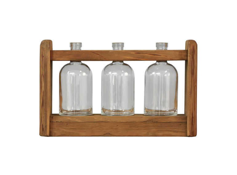 Décoration support en pin recyclé avec 3 vases en verre 39 x 13 x 25 cm - vue de face - ORIGIN