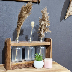 Décoration support en pin recyclé avec 3 vases en verre 39 x 13 x 25 cm - photo d'ambiance - ORIGIN