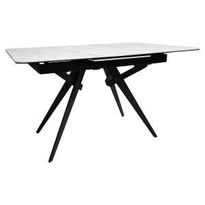 Table de repas extensible 130/170 cm plateau en céramique blanc marbré et pieds évasés en métal noir - vue de 3/4 - LUIGI