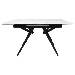 Table de repas extensible 130/170 cm plateau en céramique blanc marbré et pieds évasés en métal noir - vue de face - LUIGI