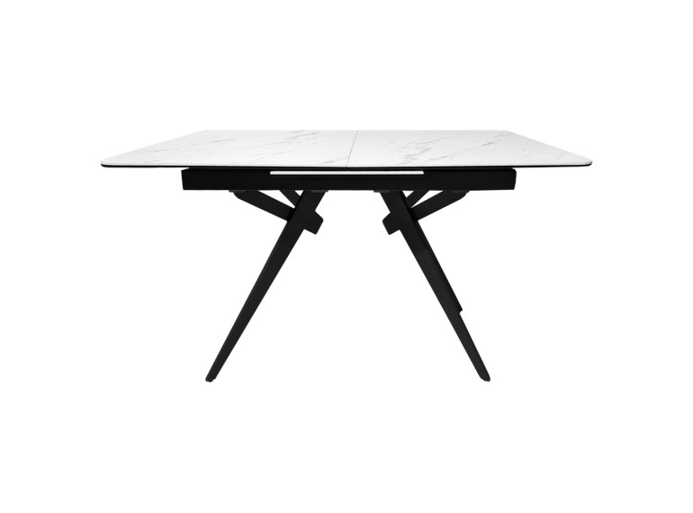 Table de repas extensible 130/170 cm plateau en céramique blanc marbré et pieds évasés en métal noir - vue de face - LUIGI