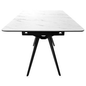 Table de repas extensible 130/170 cm plateau en céramique blanc marbré et pieds évasés en métal noir - vue de côté - LUIGI