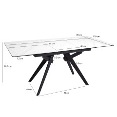 Table extensible 130/170 cm plateau en céramique blanc marbré et pieds évasés en métal noir - photo avec dimensions - LUIGI
