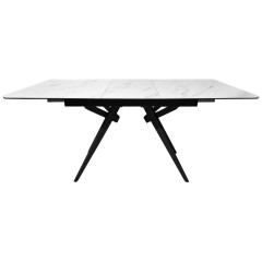 Table extensible 130/170 cm plateau en céramique blanc marbré et pieds évasés en métal noir - vue rallonge ouverte - LUIGI