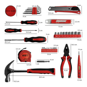 Boîte à outils noire et rouge avec 45 pièces en acier et polypropylène - photo dimensions - MAC