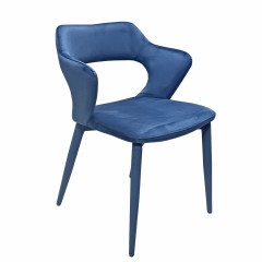 Chaise de repas en velours doux bleu avec accoudoirs et piètement velours - vue de 3/4 - VALENTINA