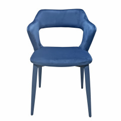 Chaise de repas en velours doux bleu avec accoudoirs et piètement velours -  vue de face - VALENTINA