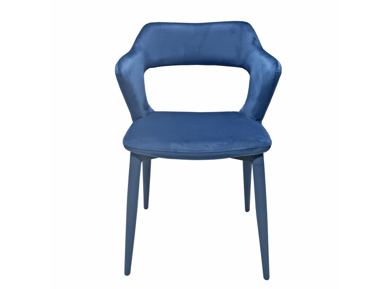Chaise de repas en velours doux bleu avec accoudoirs et piètement velours -  vue de face - VALENTINA