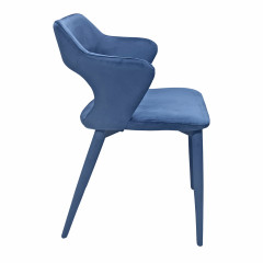 Chaise de repas en velours doux bleu avec accoudoirs et piètement velours - vue de profil - VALENTINA