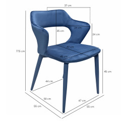 Chaise de repas en velours doux bleu avec accoudoirs et piètement velours - dimensions - VALENTINA