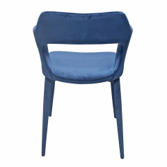 Chaise de repas en velours doux bleu avec accoudoirs et piètement velours - vue de l'arrière - VALENTINA