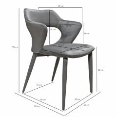Chaise de repas en velours doux gris avec accoudoirs et piètement velours - dimension - VALENTINA