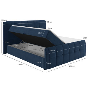 Lit boxspring avec coffre en velours bleu 160x200 - dimensions - MEGEVE