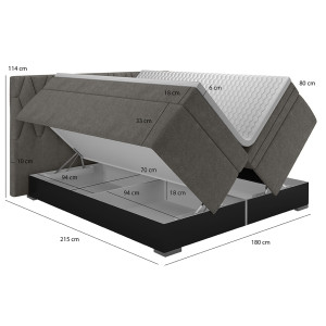 Lit boxspring avec coffre tissu gris 180x200cm - dimensions - ANNECY