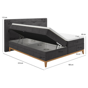 Lit boxspring complet avec 2 coffres 160x200cm gris anthracite - dimensions - LAUSANNE
