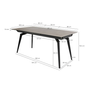 Table céramique extensible L160/210cm avec piètement métal noir - vue mesures détaillées  - MADRID