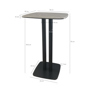 Table haute carré céramique gris et piétement en acier 60cm -Vue mesures détaillées- STING