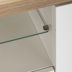 Buffet 2 portes 3 tiroirs finition chêne et blanc laqué avec poignées métal blanc laqué - zoom verre trempé - MONDAY