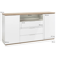 Buffet 2 portes 3 tiroirs finition chêne clair texturé et blanc laqué avec poignées métal blanc laqué - vue dimensions - MONDAY