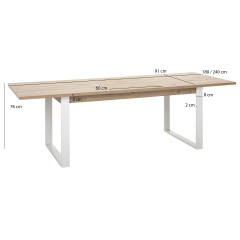 Table de repas extensible 180/240cm chêne & pieds luge en métal blanc - vue avec dimensions - MONDAY