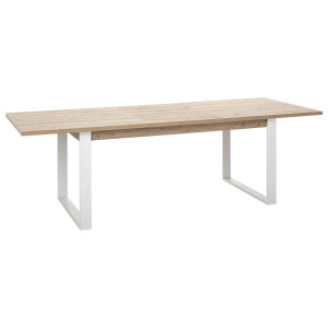 Table de repas extensible 180/240cm chêne & pieds luge en métal blanc - vue de 3/4 rallonge dépliée - MONDAY