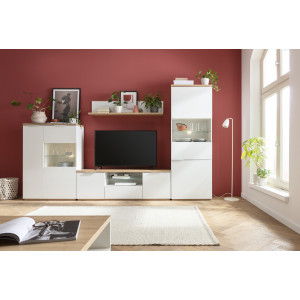 Meuble TV effet bois de chêne & blanc laqué, poignée métal L.160cm - photo ambiance - MONDAY
