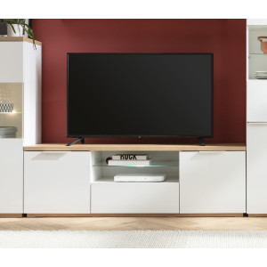 Meuble TV effet bois de chêne & blanc laqué, poignée métal L.160cm - photo ambiance zoomée 2 - MONDAY
