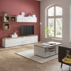 Meuble TV bas 4 portes effet bois de chêne & blanc laqué - photo ambiance zoomée - MONDAY