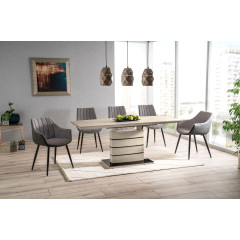 Table de repas extensible 140/180 cm pied centrale effet bois chêne - photo ambiance - LEONAR