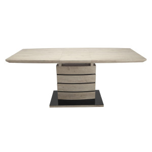 Table de repas extensible 140/180 cm pied centrale effet bois chêne - vue de face rallonge dépliée - LEONAR