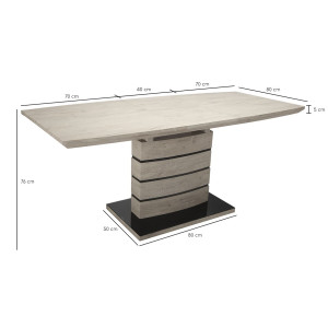 Table de repas extensible 140/180 cm pied centrale effet bois chêne - vue avec dimensions - LEONAR