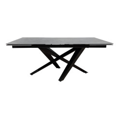 Table de repas extensible 180/260 cm plateau en céramique gris et pieds croisés métal noir - vue de face - DRIO