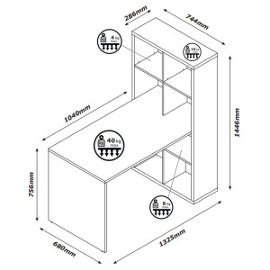 Bureau avec 8 espaces de rangement finition béton foncé texturé et blanc laqué - schéma dimensions - MONDAY