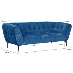 Canapé 2 places velours design avec pieds métal noir et assise capitonnée bleu - vue avec dimensions - NEPTUNE