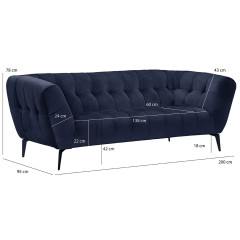 Canapé 2 places velours design avec pieds métal noir et assise capitonnée bleu marine - vue avec dimensions - NEPTUNE