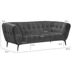 Canapé 2 places velours design avec pieds métal noir et assise capitonnée gris - vue avec dimensions - NEPTUNE