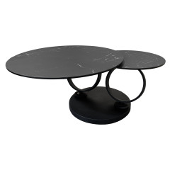 Table basse ronde plateaux en céramique gris marbré et pieds métal noir - vue de face - URSULE