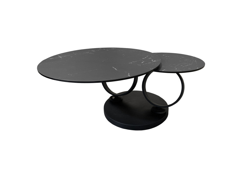 Table basse ronde plateaux en céramique gris marbré et pieds métal noir - vue de face - URSULE