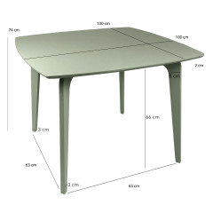 Table de repas carrée en bois vert avec piètement en bois d'hévéa massif - dimensions - SUZIE 286