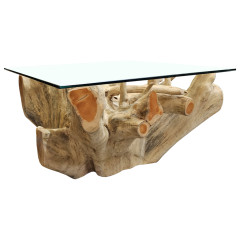 Table basse racine teck avec plateau en verre trempé L.80 cm - Style Naturel et Exotique - vue 3/4 - MANDWA 