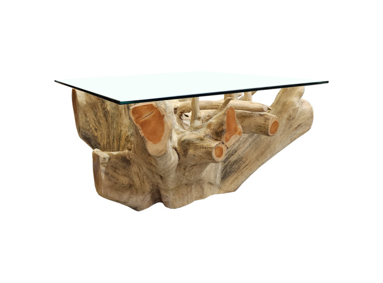 Table basse racine teck avec plateau en verre trempé L.80 cm - Style Naturel et Exotique - vue 3/4 - MANDWA 