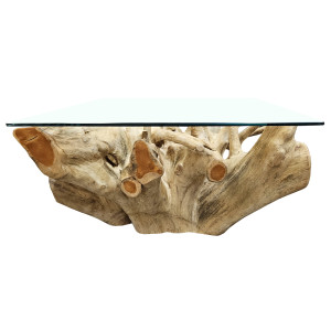 Table basse racine teck avec plateau en verre trempé L.80 cm - Style Naturel et Exotique - vue de face - MANDWA 