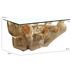 Table basse racine teck avec plateau en verre trempé L.80 cm - Style Naturel et Exotique - schéma dimension - MANDWA 